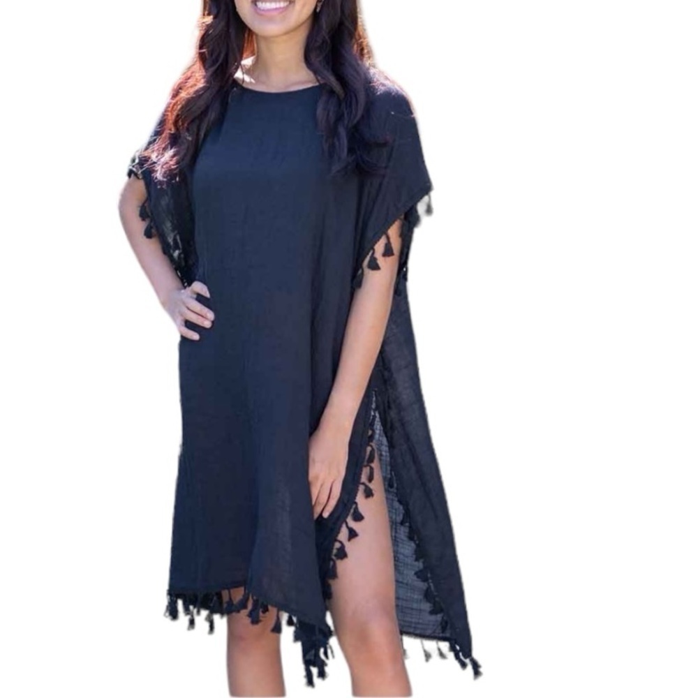 Bijoux Terner Black Swim Cover Poncho With Tassels One Size Fits All
